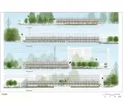 Illustration of four architectural facades with trees, windows and power lines