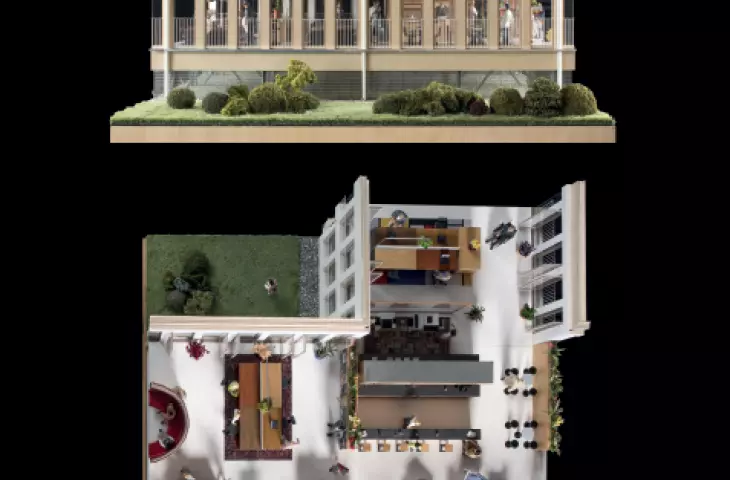 Architectural model showing the exterior of the building and detailed open office interior