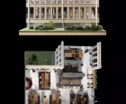 Architectural model showing the exterior of the building and detailed open office interior