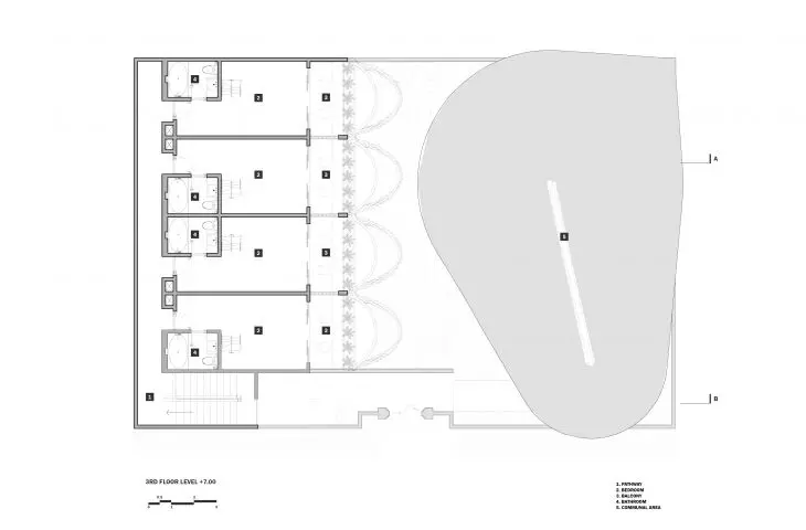 Architektoniczny plan trzeciego piętra z pokojami i dużą otwartą przestrzenią