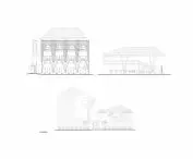Przekroje architektoniczne wielopiętrowego budynku z dodatkowymi jednopiętrowymi skrzydłami