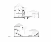 Przekroje architektoniczne wielopiętrowego budynku z dodatkowymi jednopiętrowymi skrzydłami