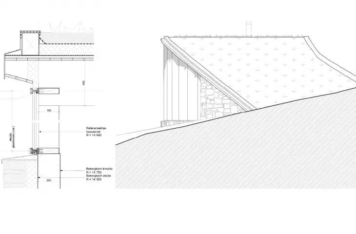 Dwa rysunki przekroju architektonicznego przedstawiające szczegółową elewację i integrację budynku ze spadzistym, pokrytym trawą dachem