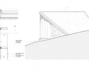 Dwa rysunki przekroju architektonicznego przedstawiające szczegółową elewację i integrację budynku ze spadzistym, pokrytym trawą dachem