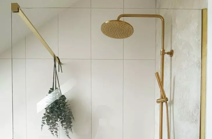 The shower area is complemented by plants