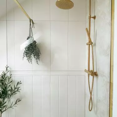 The shower area is complemented by plants