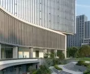 Uniview headquarters in Hangzhou - view of the garden square from the arcade level 