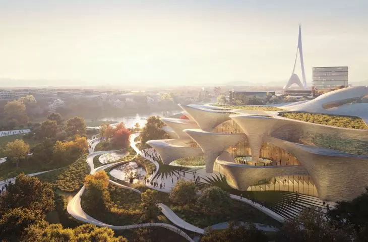 The Alisher Navoi Institute for International Scientific Research in Tashkent - visualization on the building from a bird's eye view.