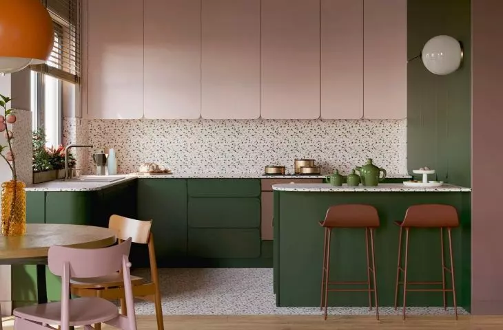 Kitchen in shades of pink and green