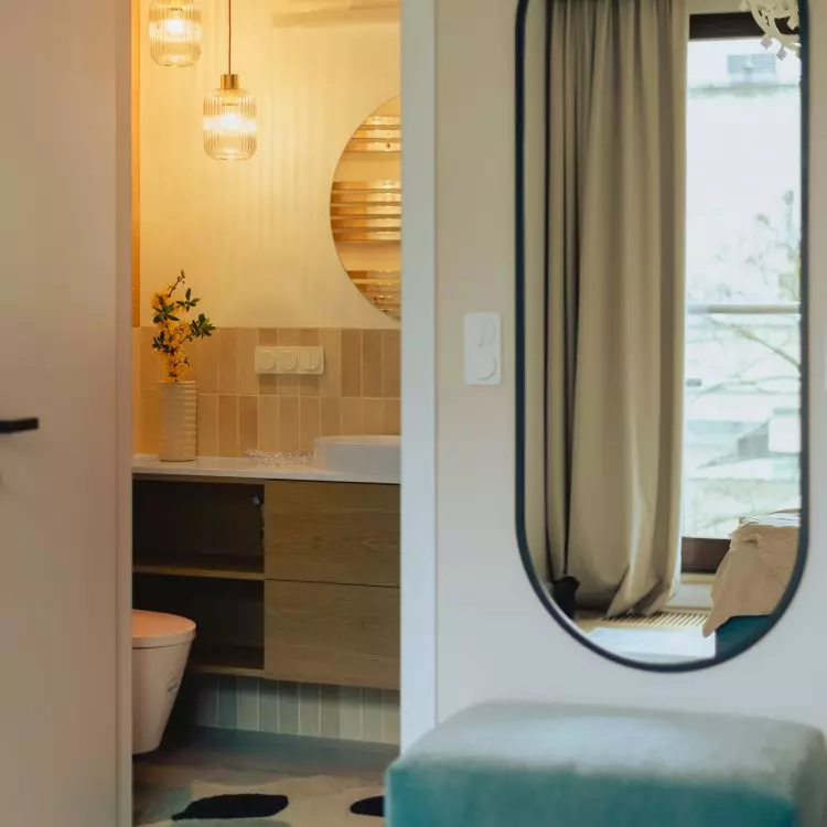 Next to the bedroom there is a small bathroom