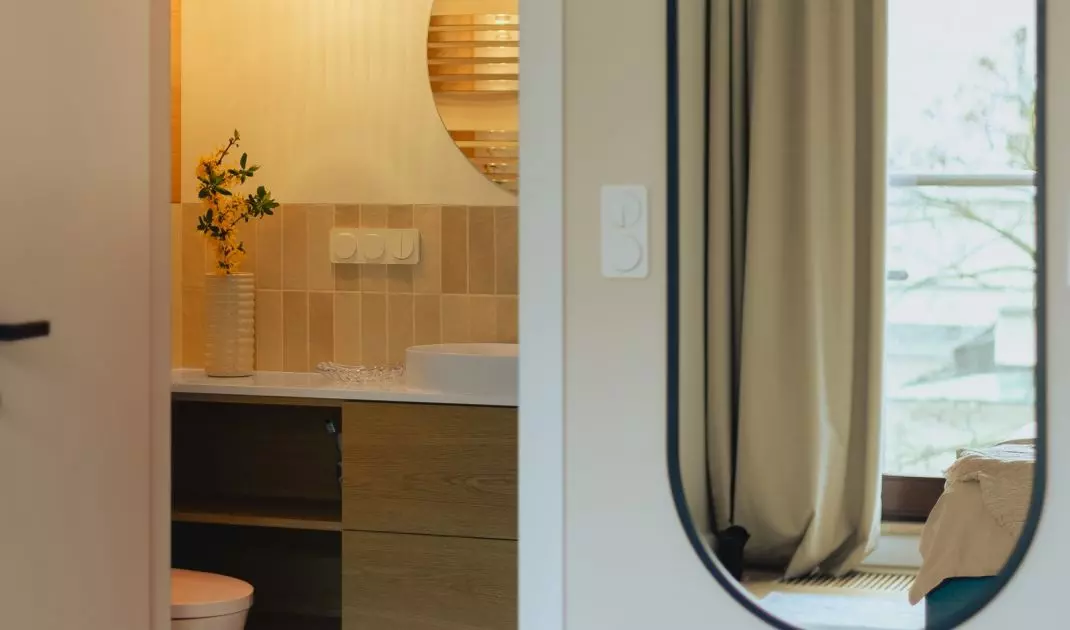 Next to the bedroom there is a small bathroom