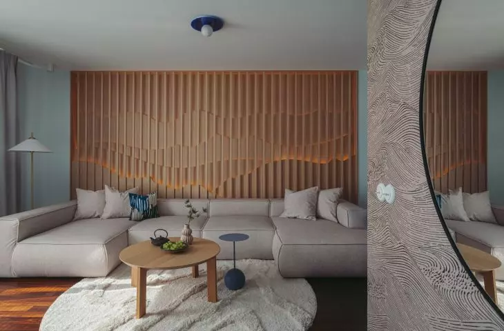 Living room with more than four-meter high sofa