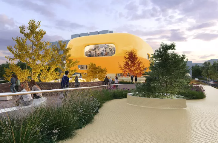 Municipal exhibition pavilion in Xicheng, Beijing - visualization of the view from the square side 