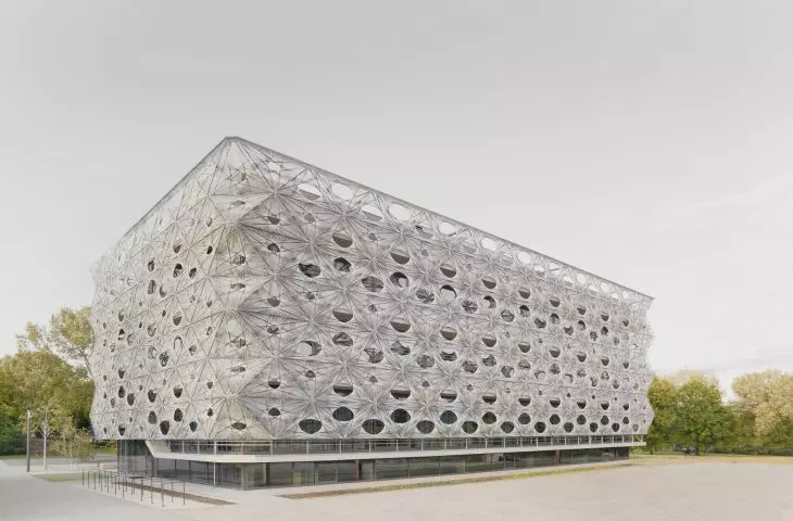 Centrum Nowoczesnych Technologii Tekstylnych Texoversum w Reutlingen — elewacje budowli składają się z tkanych płytek z włókna węglowego i szklanego