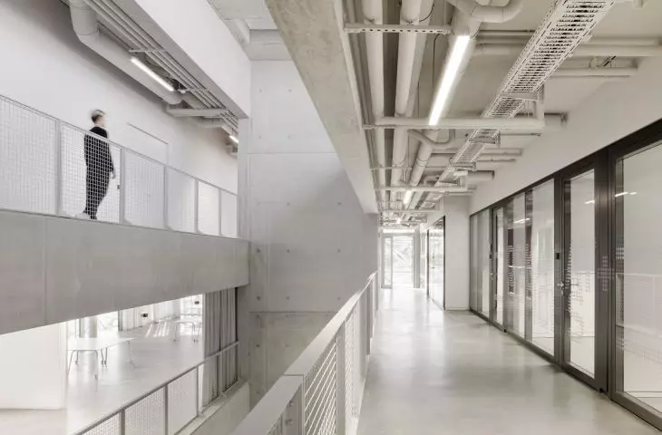 Texoversum Center for Modern Textile Technology in Reutlingen - the interior of the center with a raw, brutalist aesthetic 