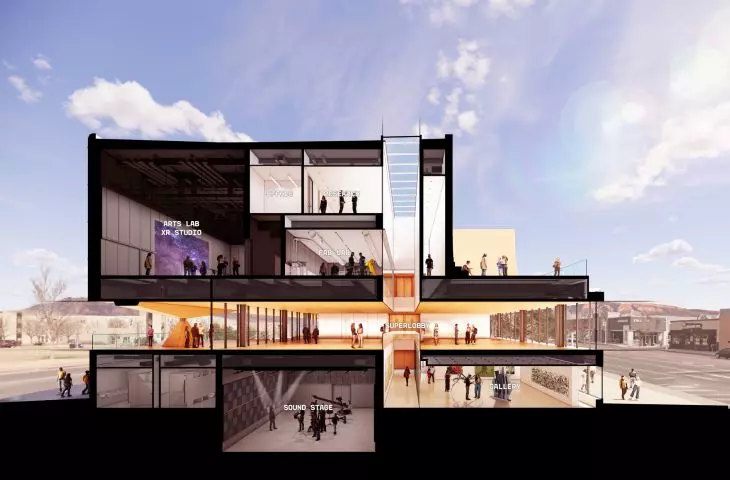 The Center for Collaborative Arts & Technology (CCAT) w Albuquerque (Nowy Meksyk) — przekrój poprzeczny budynku 