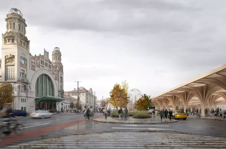Nový Hlavák w Pradze — widok na Dworzec Główny i nową przestrzeń z drewnianym, otwartym zadaszeniem, wizualizacja 