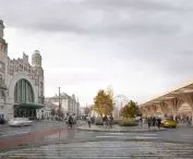 Nový Hlavák in Prague - view of the Central Station and the new space with wooden open canopy, visualization 