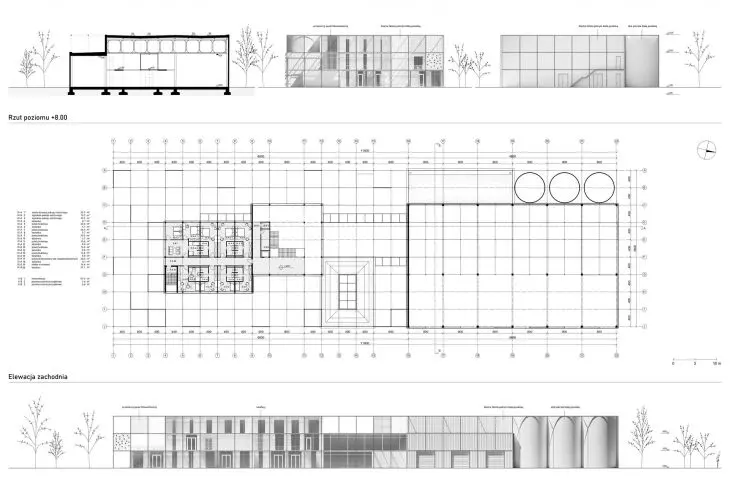 plan of level +8, cross-section, elevations