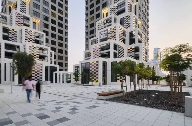 Pixel housing development on Reem Island in Abu Dhabi - at the base, skyscrapers 