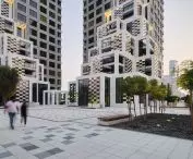 Pixel housing development on Reem Island in Abu Dhabi - at the base, skyscrapers 