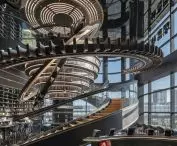 A bookstore in Huai'an, in China's Jiangsu province - a reflective interior ceiling optically enlarges the space 