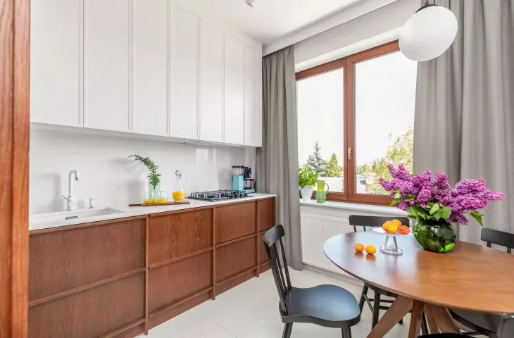A three-foot built-in provides storage space in the kitchen