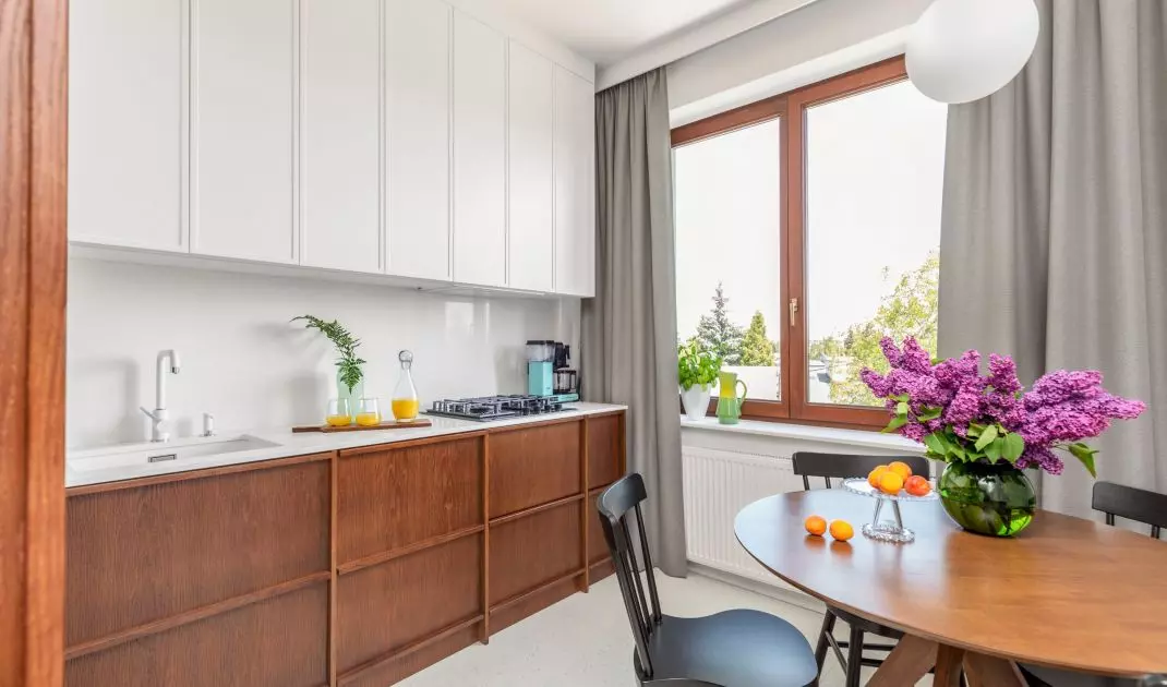 A three-foot built-in provides storage space in the kitchen