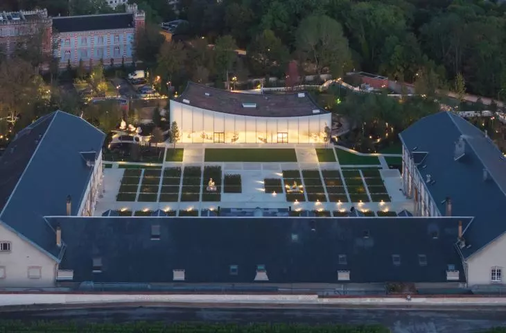 The Nicolas Ruinart Pavilion in Reims, Champagne - a bird's eye view of the pavilion and Maison Ruinart