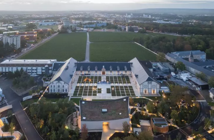 The Nicolas Ruinart Pavilion in Reims, Champagne - a bird's eye view of the pavilion and Maison Ruinart