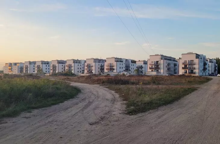 Dense and haphazardly located buildings in a rural area, Poznansky estate in Czapuras near Poznan