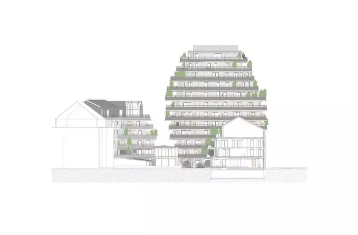 Apartamentowiec Arborescence w Angers, we Francji — rysunek elewacji 