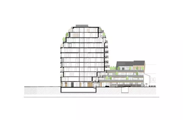 Apartamentowiec Arborescence w Angers, we Francji — przekrój bryły  