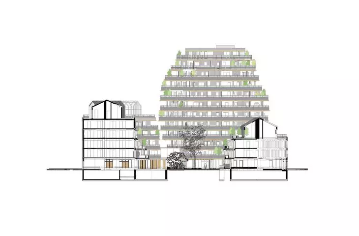Apartamentowiec Arborescence w Angers, we Francji — przekrój bryły  