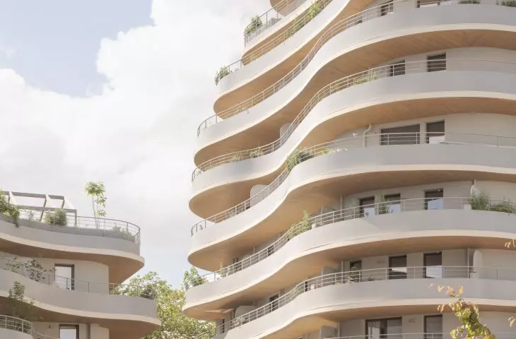 Apartamentowiec Arborescence w Angers, we Francji — widok od strony centralnego ogrodu 
