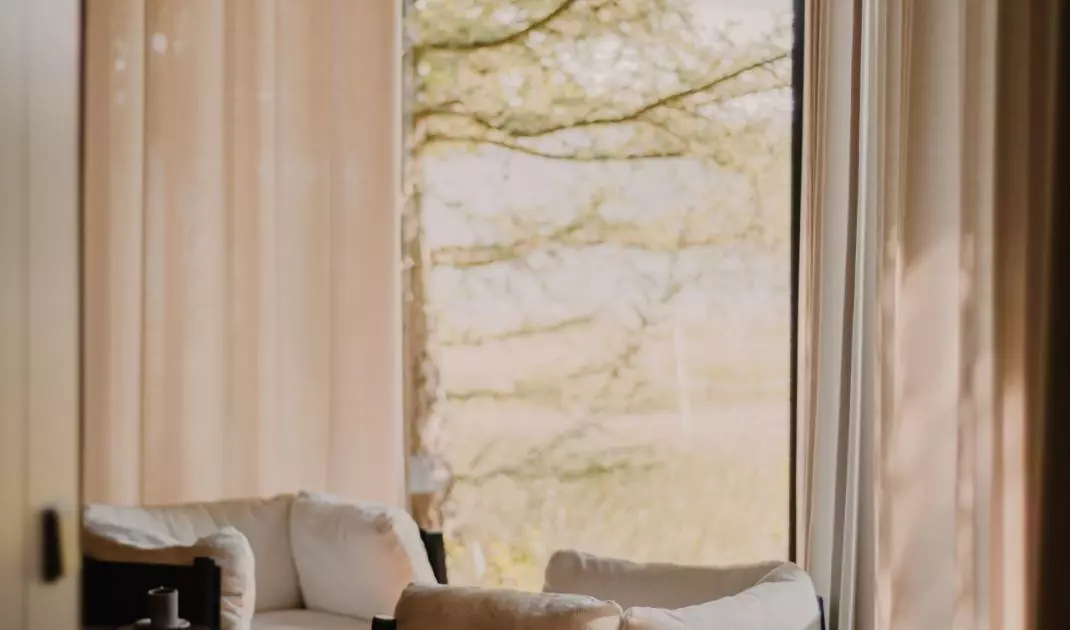 The arrangement uses natural colors and materials