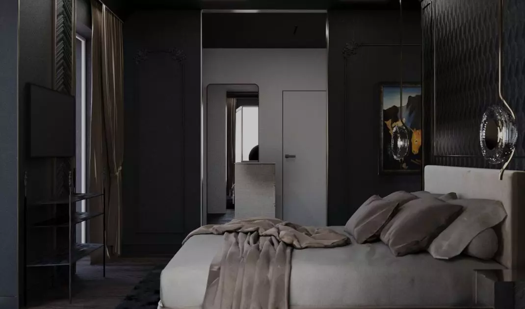 A bedroom kept in dark colors can also be a place of relaxation
