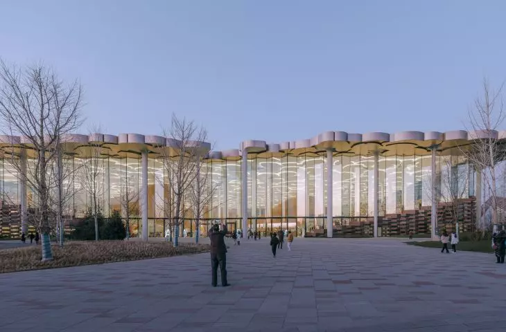 Biblioteka w Tongzhou, w Pekinie — dach budynku wpiera się na licznych smukłych kolumnach 