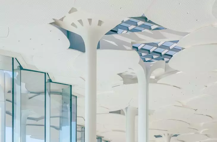 Biblioteka w Tongzhou, w Pekinie — głowice kolumn rozszerzają się, tworząc baldachimy przypominające korony drzew miłorzębu japońskiego 