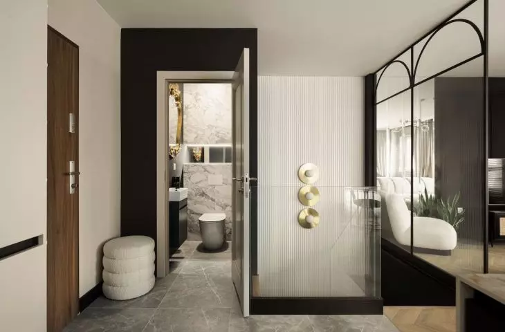 The toilet is located on the first floor, next to the living area