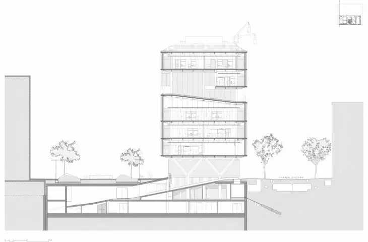 Kampus LCI Education w dzielnicy Poblenou w Barcelonie – przekrój poprzeczny budynku 