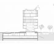 Kampus LCI Education w dzielnicy Poblenou w Barcelonie – przekrój poprzeczny budynku 