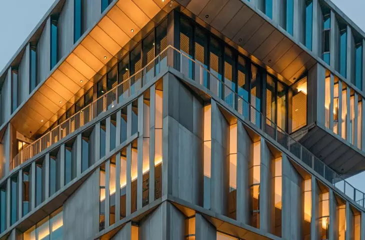 LCI Education campus in Barcelona's Poblenou district - angled panels effectively block the sun's intense rays