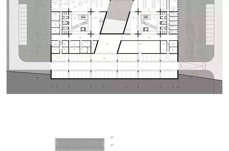 first floor plan, south elevation