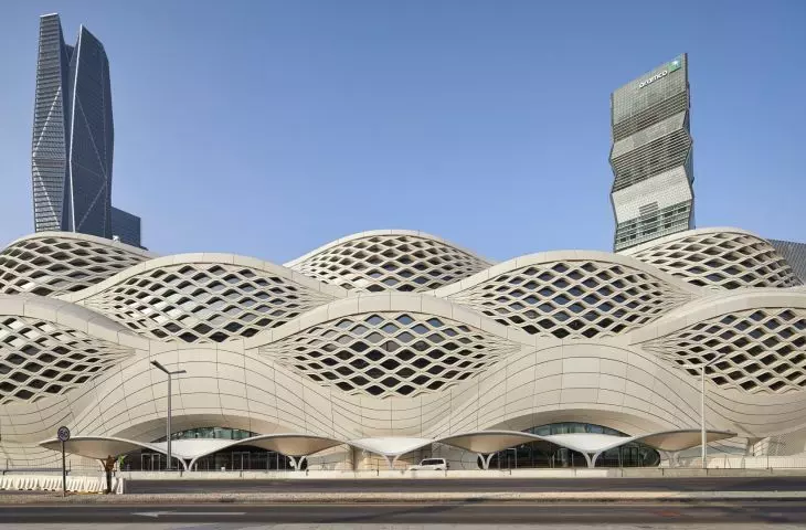 King Abdullah Financial District (KAFD) metro station in Riyadh - the facade of the building is distinguished by flowing lines 
