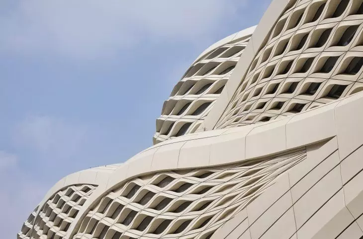 King Abdullah Financial District (KAFD) metro station in Riyadh - close-up on the plaid facade of the building 