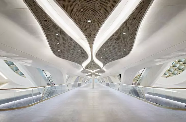King Abdullah Financial District (KAFD) metro station in Riyadh - the interior of the station is a spacious, bright hall