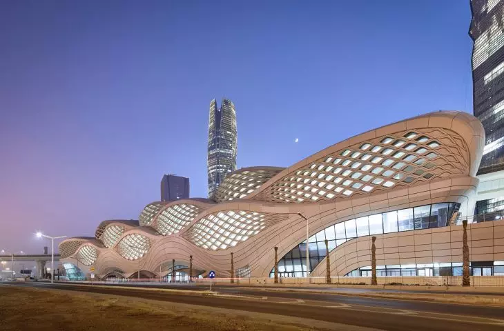 King Abdullah Financial District (KAFD) metro station in Riyadh - view of the facility at night