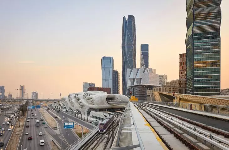 King Abdullah Financial District (KAFD) metro station in Riyadh - a bird's eye view of the station and its surroundings