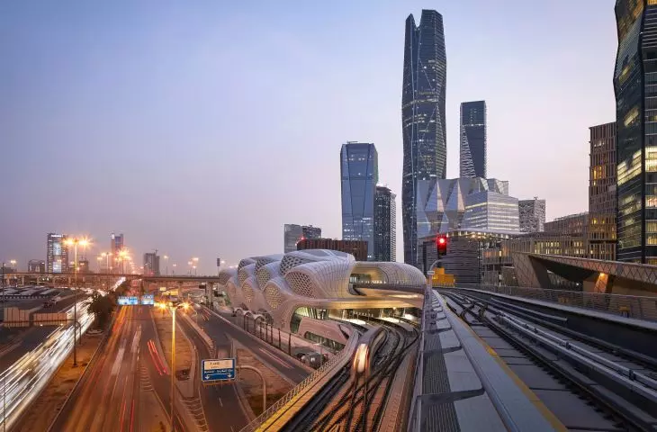 King Abdullah Financial District (KAFD) metro station in Riyadh - a bird's eye view of the station and its surroundings